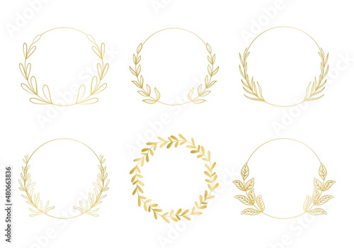 Set of golden botanical frames vector illustration. Collection of deciduous round gold wreaths. Bezels with leaves template for cards and invitations photo