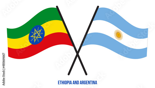 Ethiopia and Argentina Flags Crossed And Waving Flat Style. Official Proportion. Correct Colors.