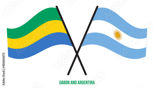 Gabon and Argentina Flags Crossed And Waving Flat Style. Official Proportion. Correct Colors.