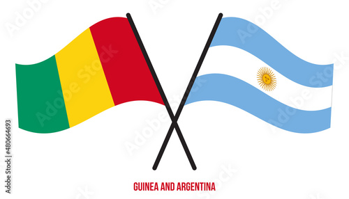 Guinea and Argentina Flags Crossed And Waving Flat Style. Official Proportion. Correct Colors.