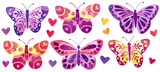 Set of watercolor butterflies and hearts isolated on white background.