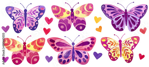Set of watercolor butterflies and hearts isolated on white background. © Anna