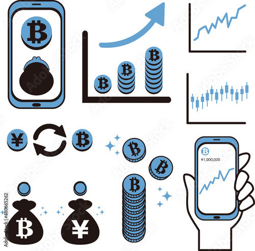 Photo 仮想通貨　暗号資産　ビットコイン　BTC　FX　お金　ビジネス　投資　イメージ　イラスト素材セット
