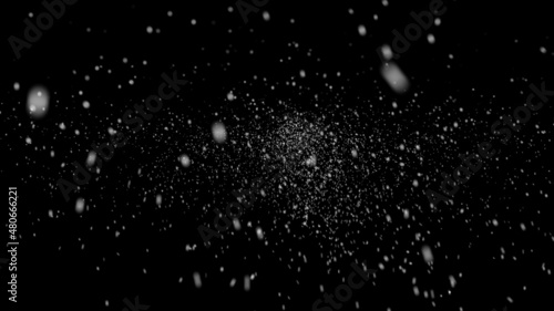 snowfall drops on black background. Falling real snowflakes shot on black background, matte, wide angle, animation with start and end, isolated, perfect for digital composition