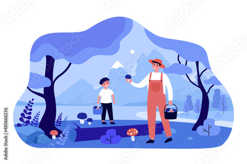 People picking eatable wild mushrooms in forest or park