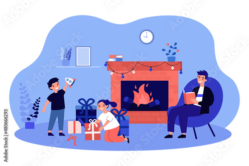 Happy children opening Christmas gift boxes