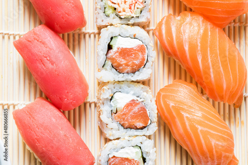 Japanishe food Nigiri sushi set, salmon, tuna and shrimp sushi