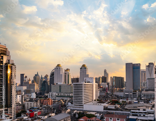 cityscape of Bangkok city skyline with sunset sky background, Bangkok city is modern metropolis of Thailand and favorite of tourists