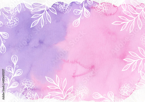 Watercolor pink and violet provence background. Floral elements. White leaves. Multicolorcolor Backdrop. Blot and Splash