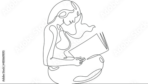 One continuous line.Woman reads a book. A student reads a textbook. Library and Education.Continuous line drawing.Lineart isolated white background.Girl is fond of reading.