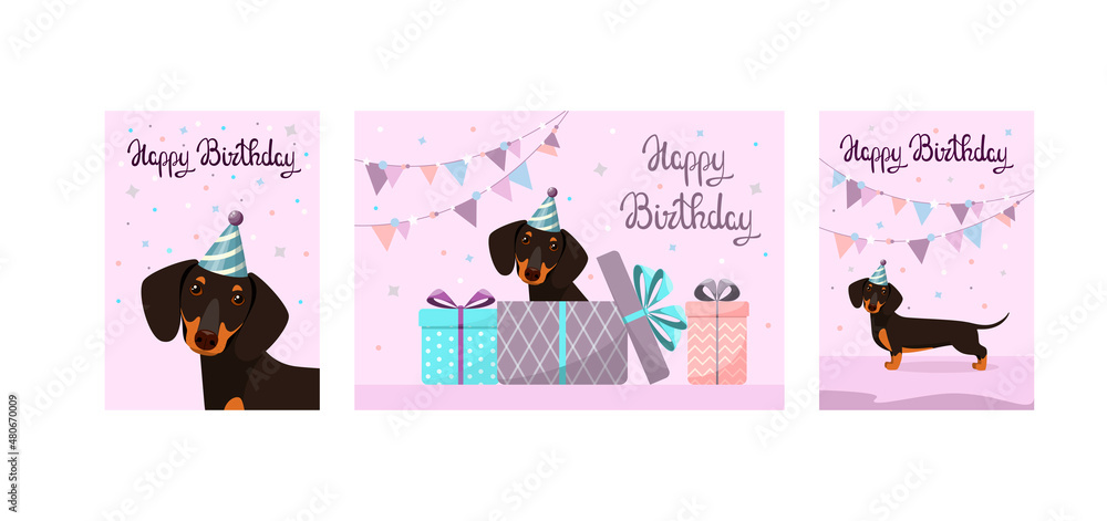 A set of greeting cards with a cute dachshund. Happy Birthday. Cartoon design.
