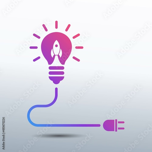 Startup innovation concept with lightbulb and rocket launch as creative solution idea, invention and innovation icon vector illustration for strat-up company
