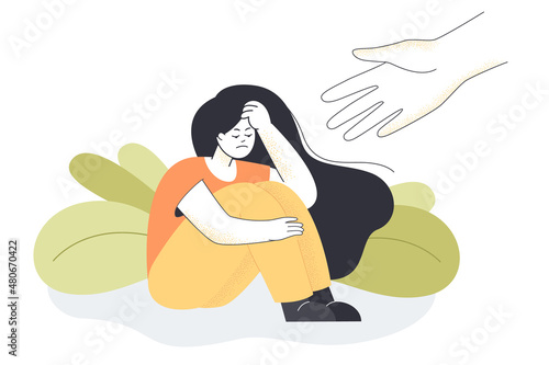 Human hand stretching to young unhappy girl