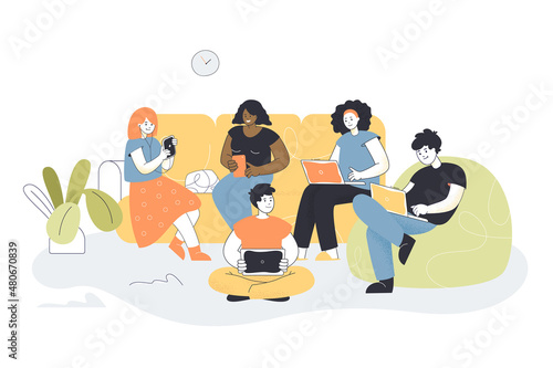 Male and female cartoon characters using laptops, tablet