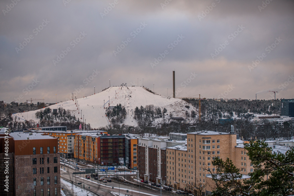 Evening winter view of the ski slope Hammarbybacken in central Stockholm a snowy winter day in Stockholm Evening winter view of the ski slope Hammarbybacken in central Stockholm a snowy winter day in Stockholm