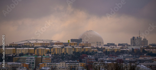 Evening view over the district Hammarby with the Globe Avicii arena a snowy winter day in Stockholm