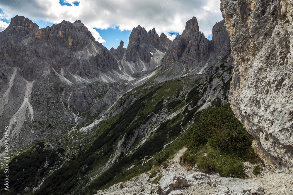 Cadini di Misurina Panorama on hiking mountain path, Italy, Trentino