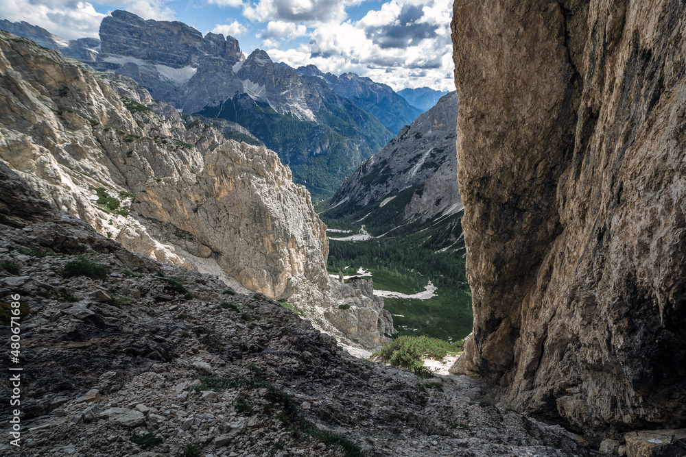 Expert alpine hiking trail in Trentino dolomite, Sud Tyrol, Misurina