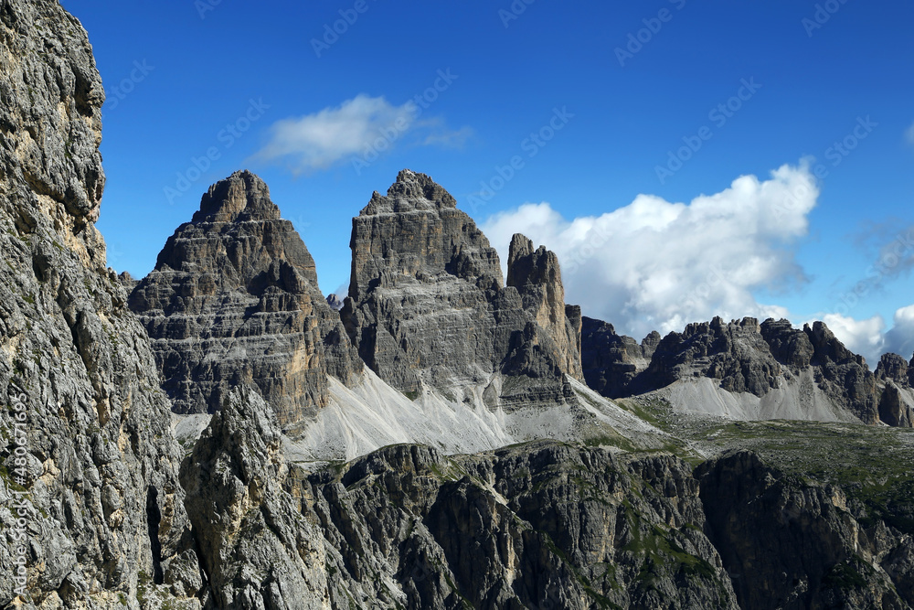 Tre Cime di Lavaredo dolomite mountan peak by Cadini, Italy, Trentino