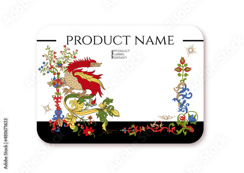 Floral vintage Medieval illuminati manuscript inspiration. Romanesque style. Template for product label, cosmetic packaging. Easy to edit. Vector illustration.