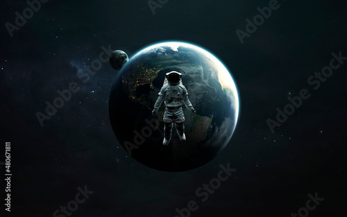 Fototapeta Naklejka Na Ścianę i Meble -  Astronaut and Earth planet with Moon. Elements of image provided by Nasa