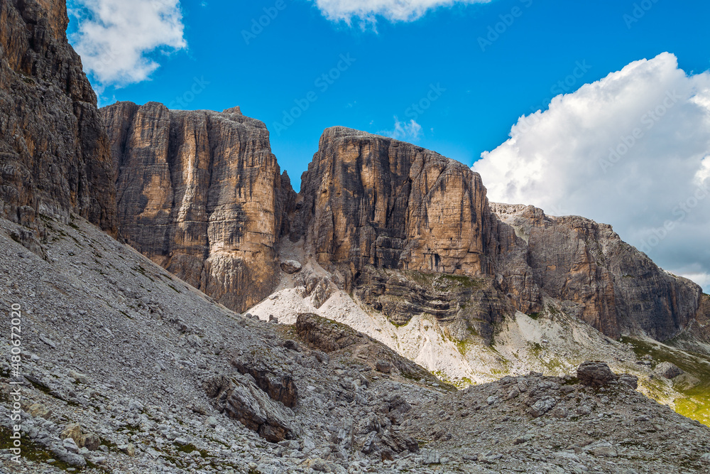 Sella Group dolomite panorama in trentino alps, Italy, Val di Fassa