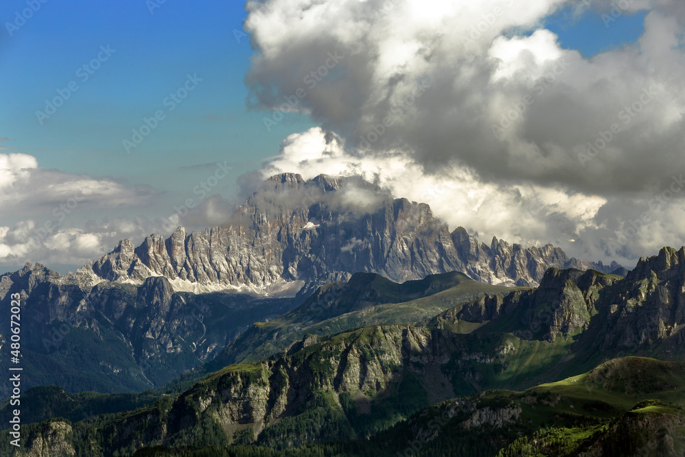 Alpine valley Panorama in Val Badia dolomite, Italy, Trentino
