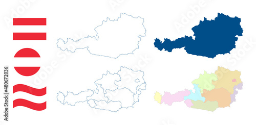 Austria map. Detailed blue outline and silhouette. Administrative divisions and nine states. Country flag. Set of vector maps. All isolated on white background. Template for design and infographics.