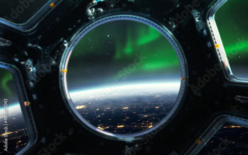 Fototapeta Naklejka Na Ścianę i Meble -  Space station porthole and Earth with northern lights. 5K realistic science fiction art. Elements of image provided by Nasa