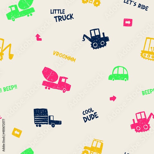 Little truck, cool dude cars, and truck all-over print, hand-drawn seamless pattern for Kidswear
