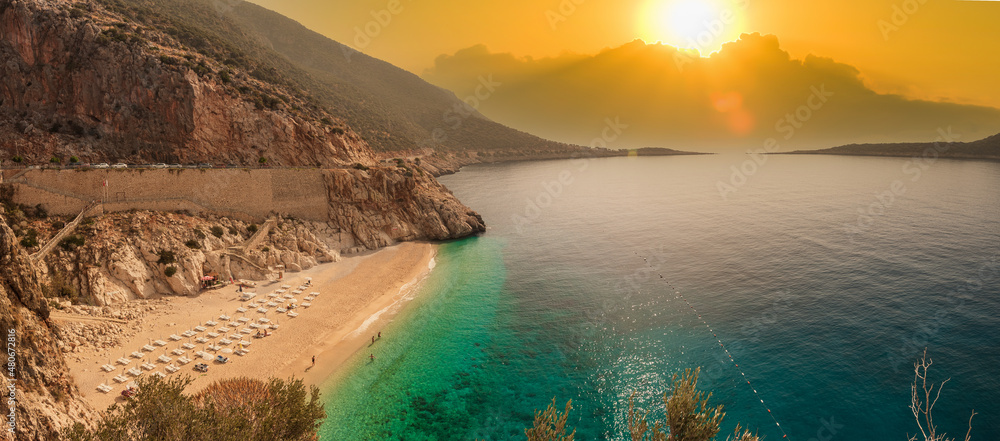 Fototapeta premium Kaputas Beach with morning sun in autumn. It is one of the most popular beaches in Turkey. Kas town, Antalya