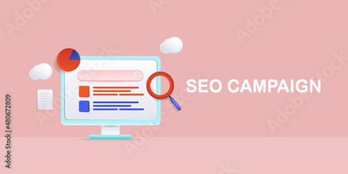 3d style concept of SEO campaign, web search bar and search result on computer screen, internet technology, optimization marketing with abstract background.