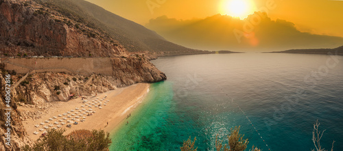 Fototapeta Naklejka Na Ścianę i Meble -  Kaputas Beach with morning sun in autumn.  It is one of the most popular beaches in Turkey. Kas town, Antalya 