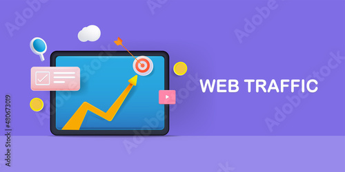 Increasing web traffic graph arrow on virtual screen, acquire target audience with paid advertising campaign, search engine marketing, 3d style illustration concept.
