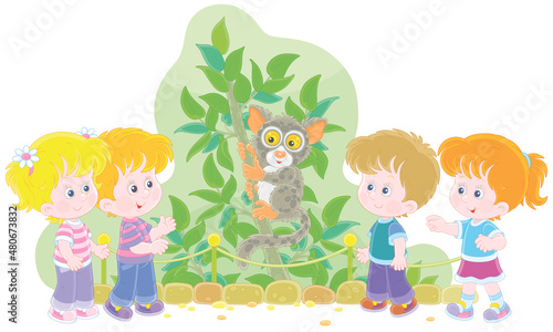 Happy little kids walking at a zoological garden and watching a funny exotic Philippine tarsier which sitting on a small tropical tree in an open-air cage, vector cartoon isolated on white