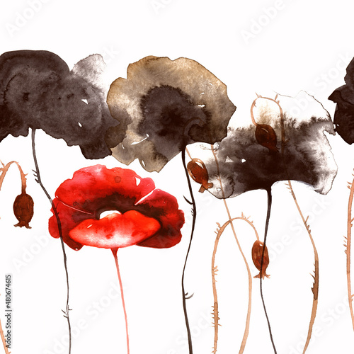 Minimalistic silhouettes meadow poppies seamless border. Digital with watercolour. Mixed media artwork. Endless motif for packaging, scrapbooking, decoupage, textiles.