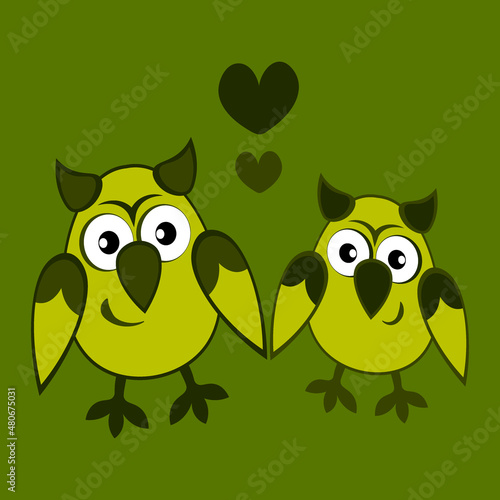 two owls in love with hearts. Cartoon birds. Pastiche. Children drawing