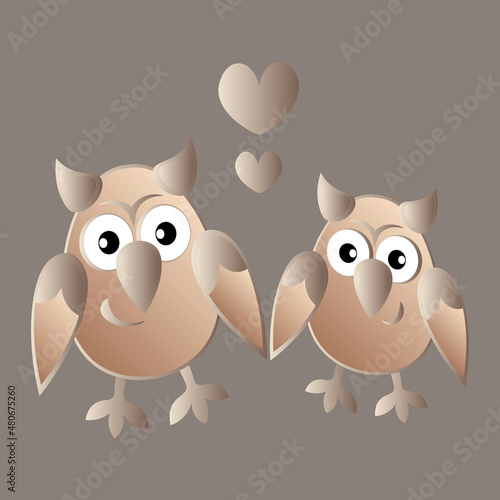 two owls in love with hearts. Cartoon birds. Pastiche. Children drawing
