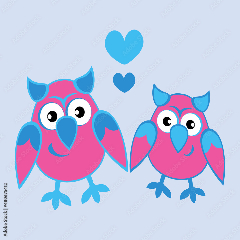 two owls in love with hearts. Cartoon birds. Pastiche. Children drawing