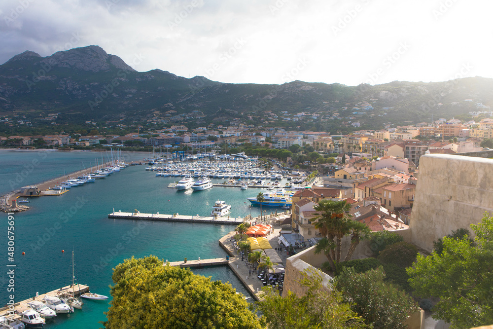 Panoramic view of Calvi Bay and harbor seen from its fortress. Corsica, France