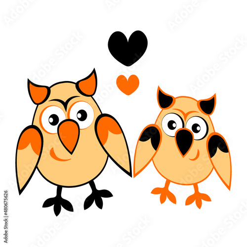 two owls in love with hearts. Cartoon birds. Pastiche. Children drawing
