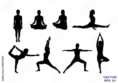 Collection of slim sportive young woman doing yoga streching fitness exercises. Healthy lifestyle. Isolated on white background. Vector illustrations EPS10