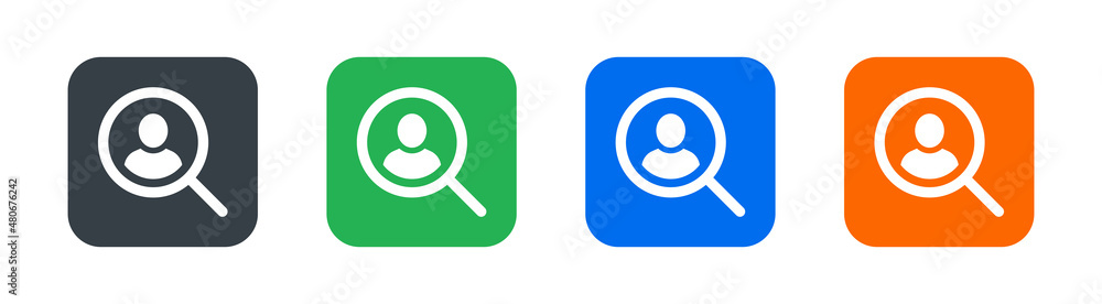 Search job vacancy icon. Find and hiring icon. Magnifying glass with user symbol. Search job vacancy icon. Find and hiring icon. Magnifying glass with user symbol.