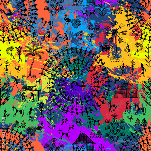 Warli Art painting seamless pattern - hand drawn traditional the ancient tribal art India. In the style of Indian kitsch matched by a rudimentary technique depicting rural life of the inhabitants 