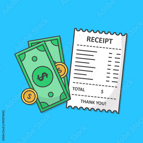 Receipt Paper With Cash Money Vector Icon Illustration. Bill, Financial Check, Payment Flat Icon