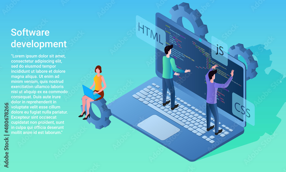 Software development.Programming, coding software development.A business-style poster.Flat vector illustration. Software development.Programming, coding software development.A business-style poster.Flat vector illustration.