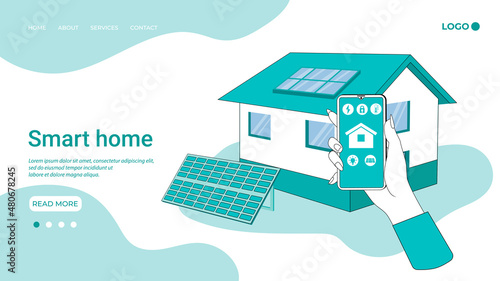 Smart home.Smart home management using the smartphone app.The concept of an intelligent home management system.An illustration in the style of a landing page in green.