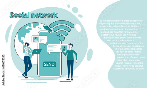 Social network.People use the Internet to communicate in social networks.The concept of e-mail and messengers.Illustration in the style of a landing page in green.