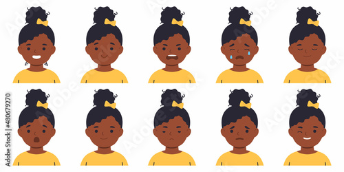 Set of children's avatars.Afro girl.Different emotions.Flat Vector illustration isolated on white background.