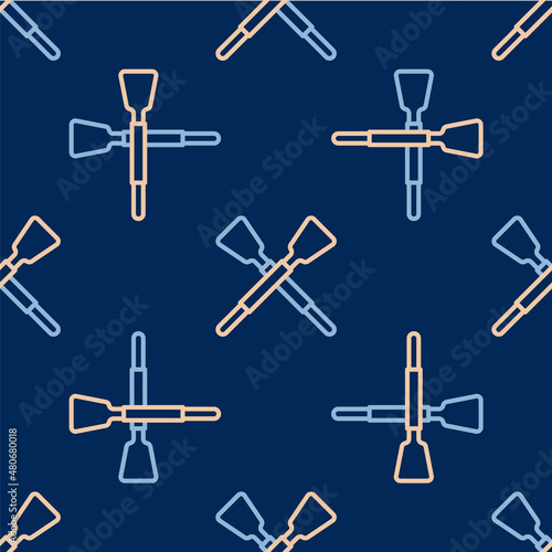 Line Crossed oars or paddles boat icon isolated seamless pattern on blue background. Vector